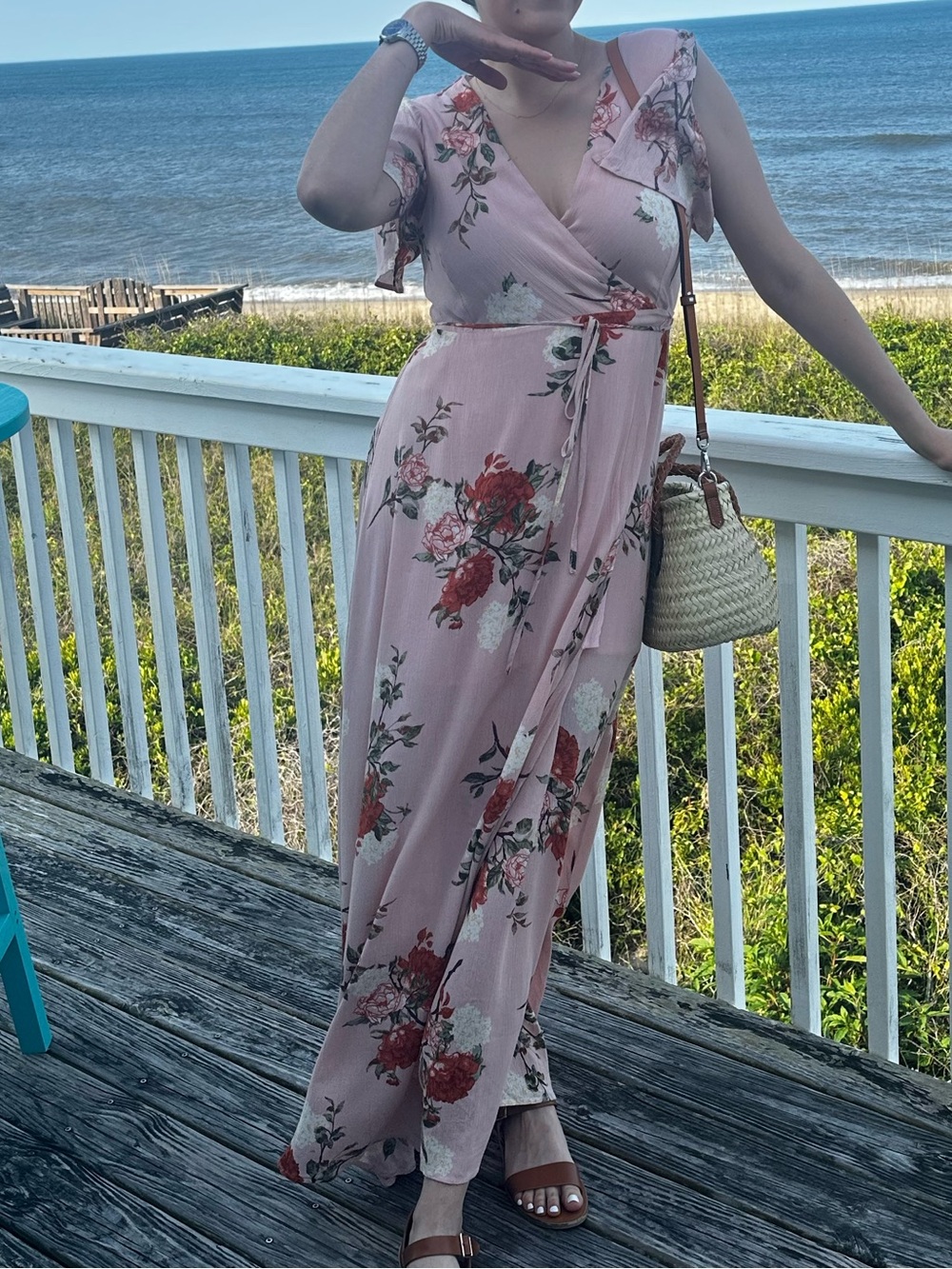 Lulu's Dusty Pink Floral Wrap Maxi Dress with Waist Tie- size S